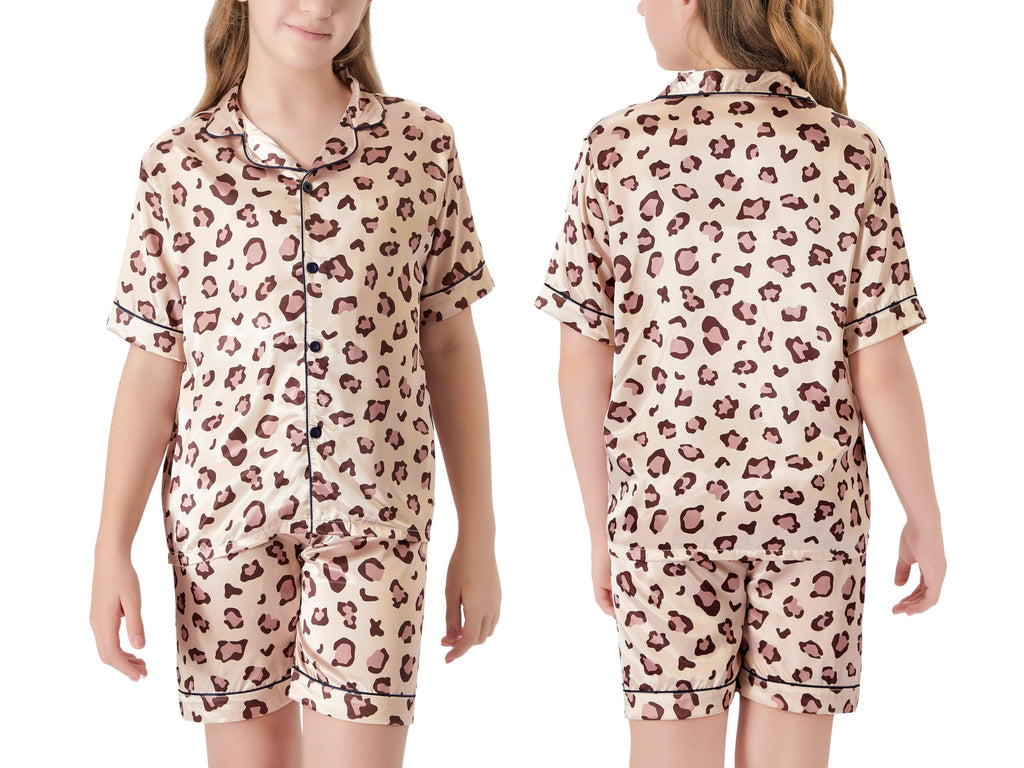Topgal Satin Pajamas for Girls Beige & Pink Leopard 2 PC Short Sleeves Teen Girl Silky Nightwear Size 10 (Part 1 of 2)