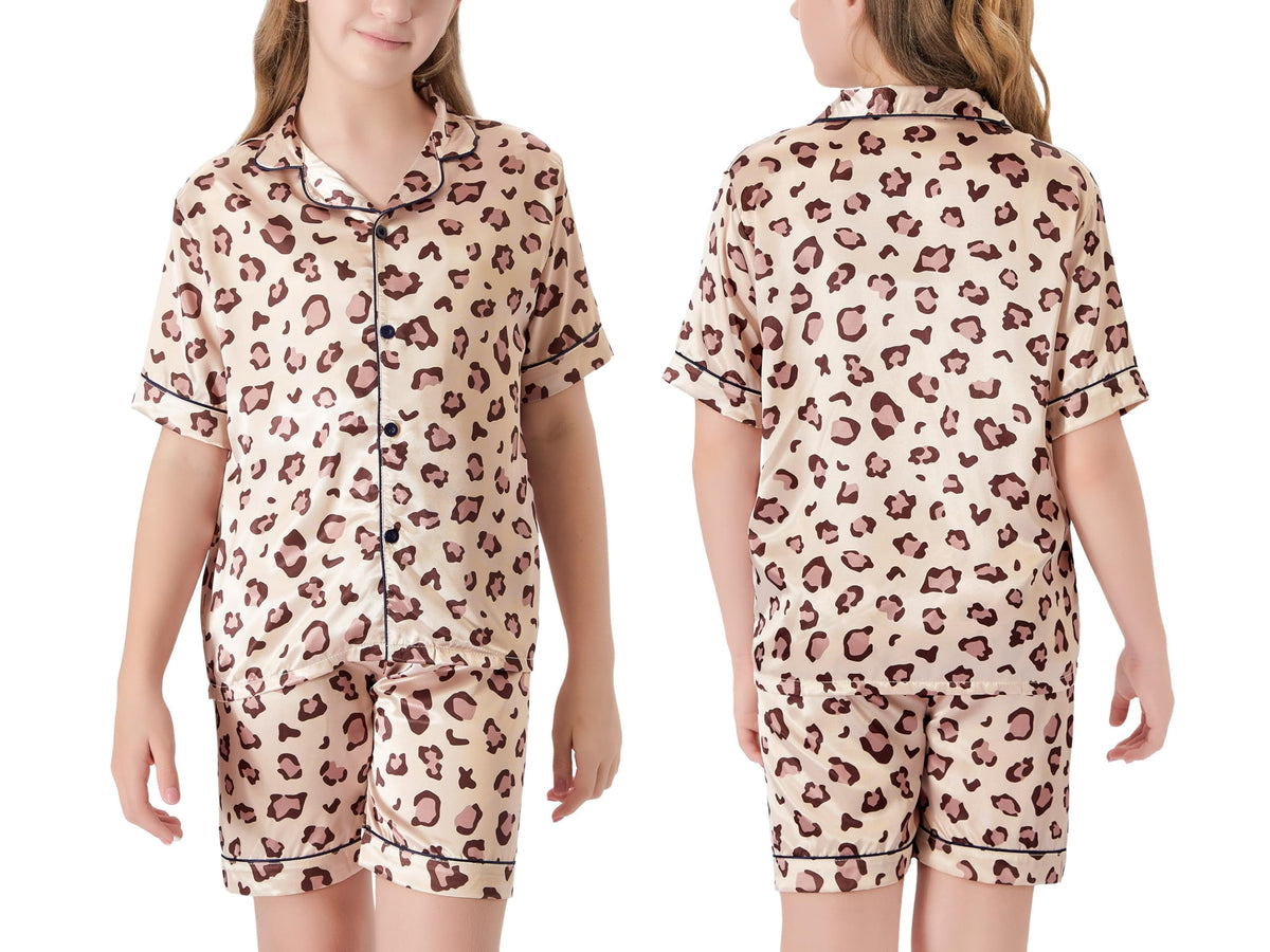 Topgal Satin Pajamas for Girls Beige & Pink Leopard 2 PC Short Sleeves Teen Girl Silky Nightwear Size 10 (Part 1 of 2)
