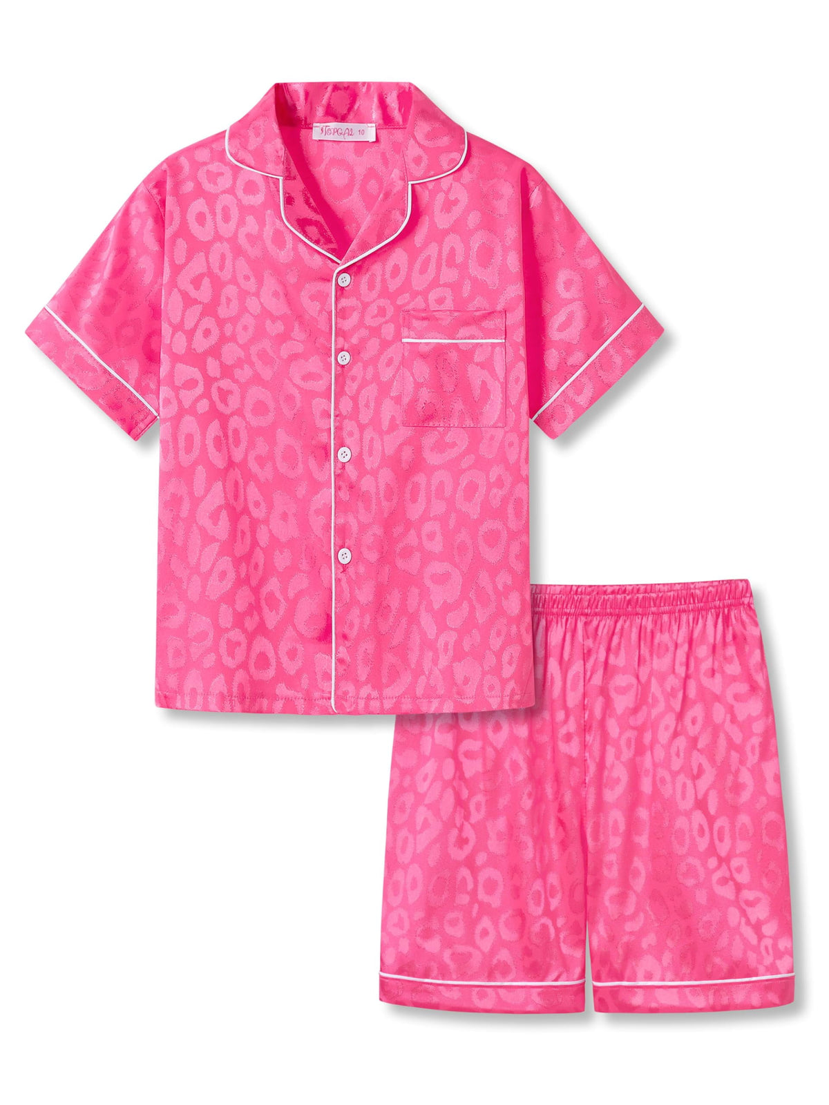 Topgal Satin Pajamas for Girls Beige & Pink Leopard 2 PC Short Sleeves Teen Girl Silky Nightwear Size 10 (Part 2 of 2)