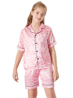 Topgal Satin Pajamas for Girls Beige & Pink Leopard 2 PC Short Sleeves Teen Girl Silky Nightwear Size 10 (Part 1 of 2)