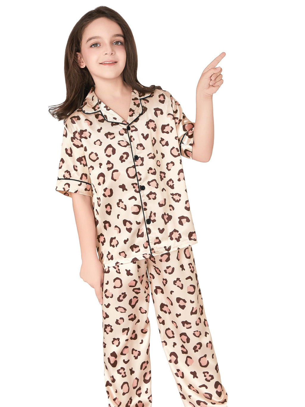 Topgal Satin Pajamas for Girls Beige & Pink Leopard 2 PC Short Sleeves Teen Girl Silky Nightwear Size 10 (Part 1 of 2)