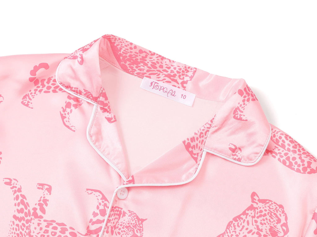 Topgal Satin Pajamas for Girls Beige & Pink Leopard 2 PC Short Sleeves Teen Girl Silky Nightwear Size 10 (Part 2 of 2)
