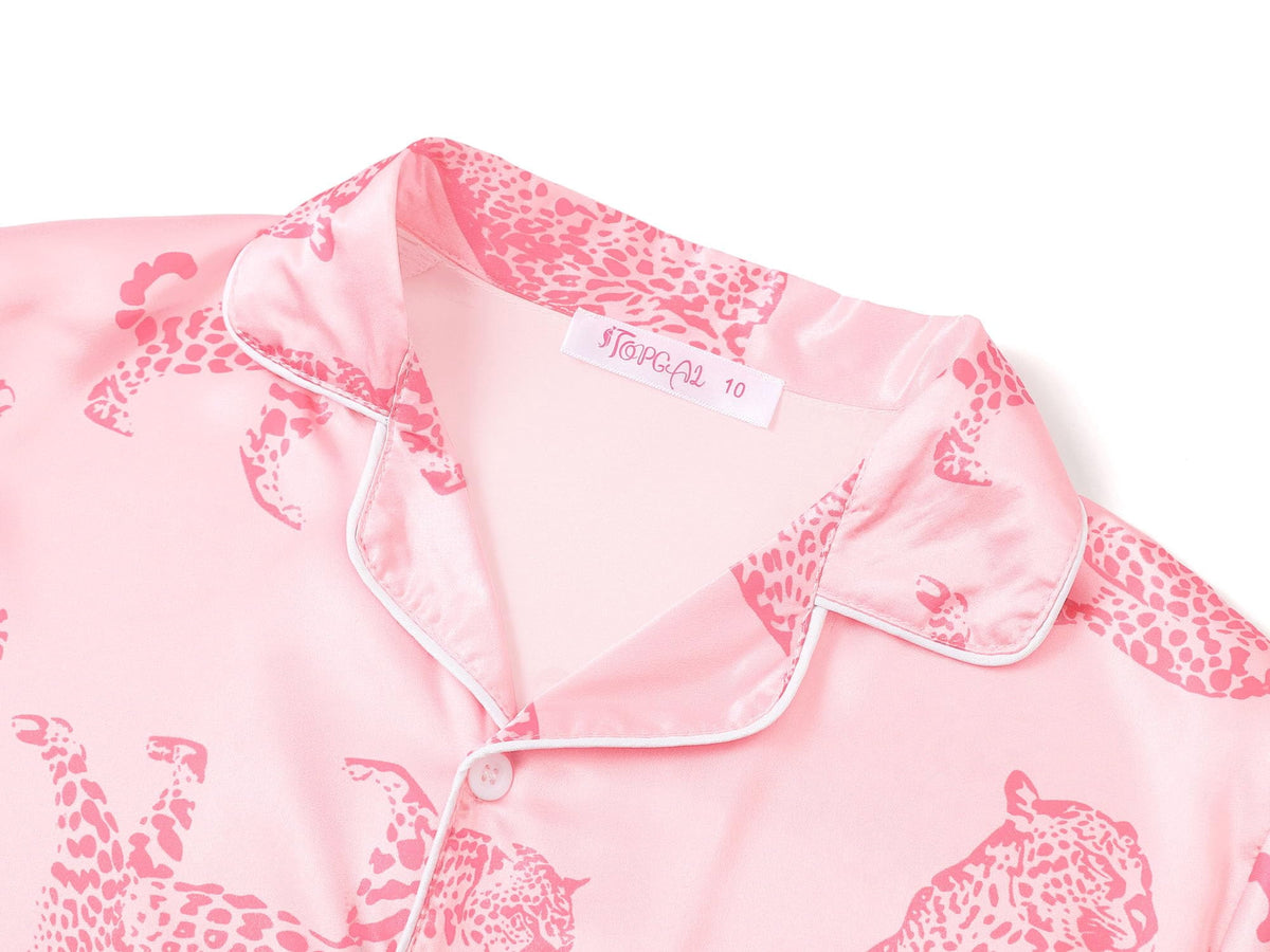 Topgal Satin Pajamas for Girls Beige & Pink Leopard 2 PC Short Sleeves Teen Girl Silky Nightwear Size 10 (Part 2 of 2)