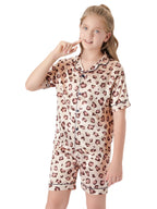 Topgal Satin Pajamas for Girls Beige & Pink Leopard 2 PC Short Sleeves Teen Girl Silky Nightwear Size 10 (Part 1 of 2)