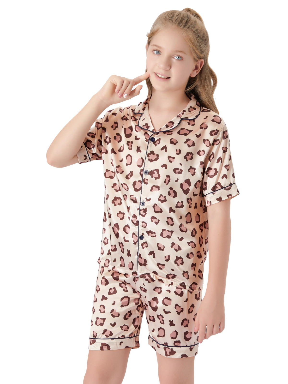 Topgal Satin Pajamas for Girls Beige & Pink Leopard 2 PC Short Sleeves Teen Girl Silky Nightwear Size 10 (Part 1 of 2)