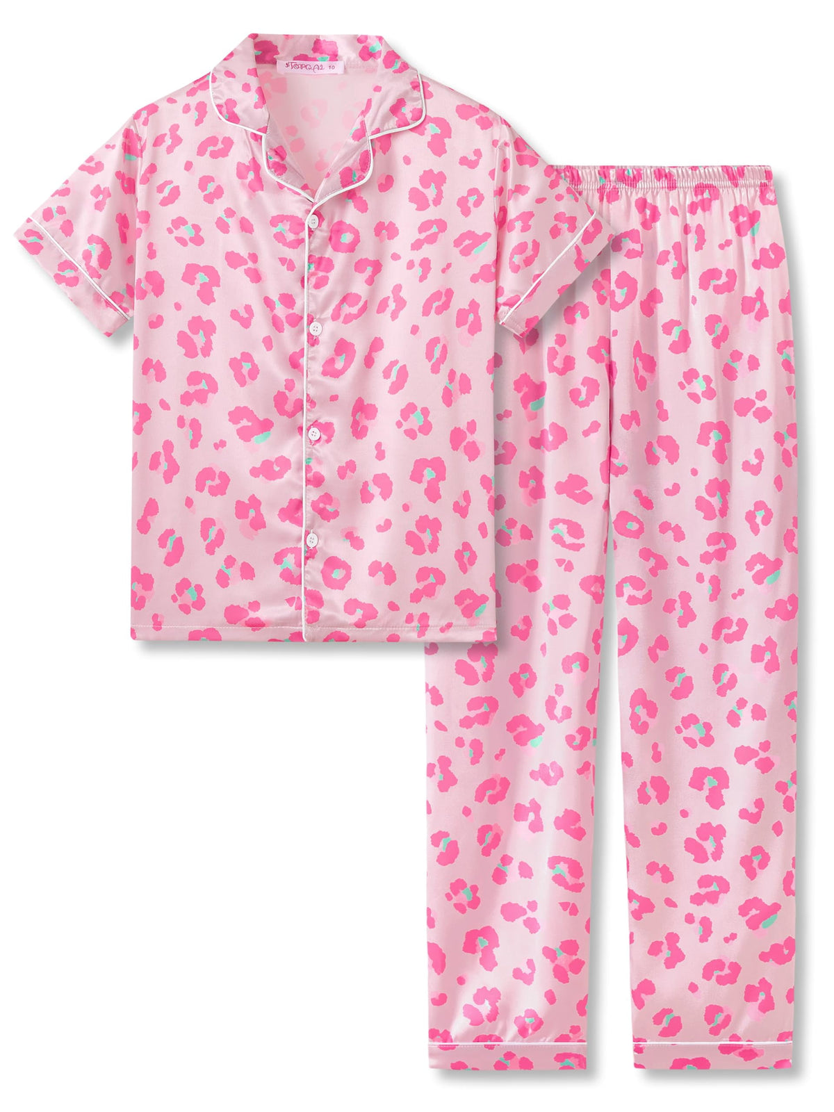 Topgal Satin Pajamas for Girls Beige & Pink Leopard 2 PC Short Sleeves Teen Girl Silky Nightwear Size 10 (Part 1 of 2)