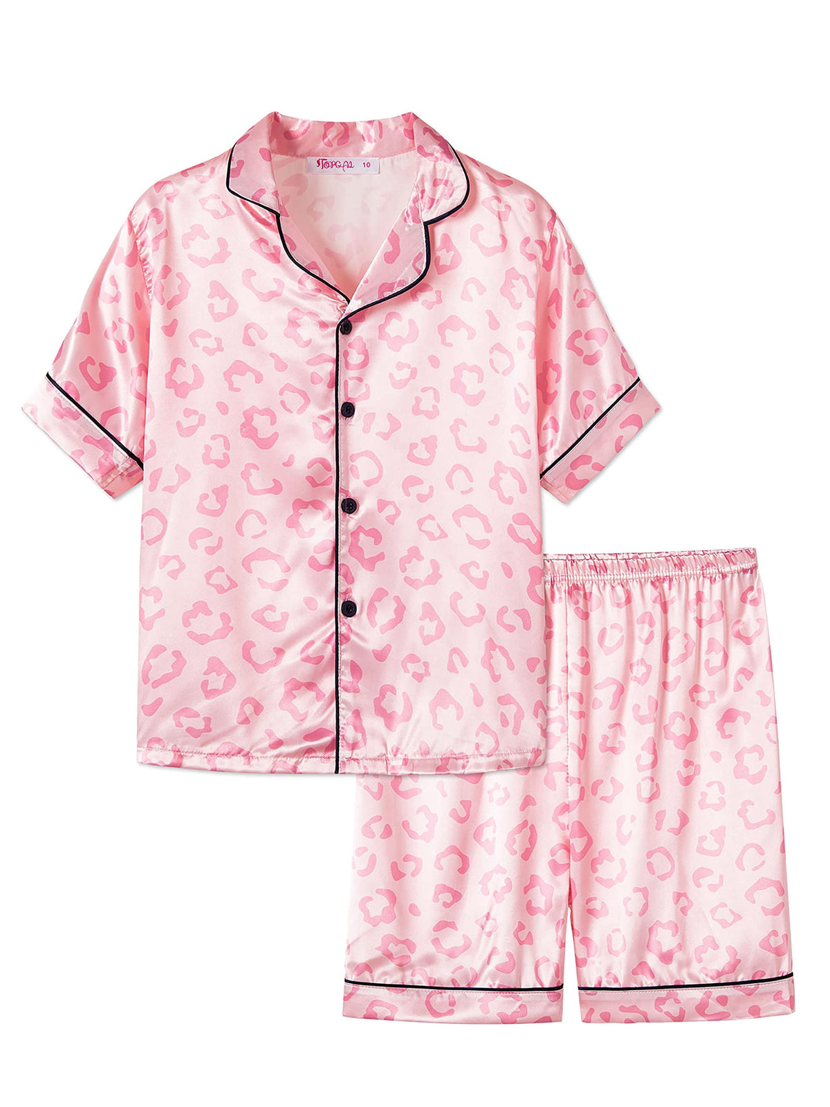 Topgal Satin Pajamas for Girls Beige & Pink Leopard 2 PC Short Sleeves Teen Girl Silky Nightwear Size 10 (Part 1 of 2)