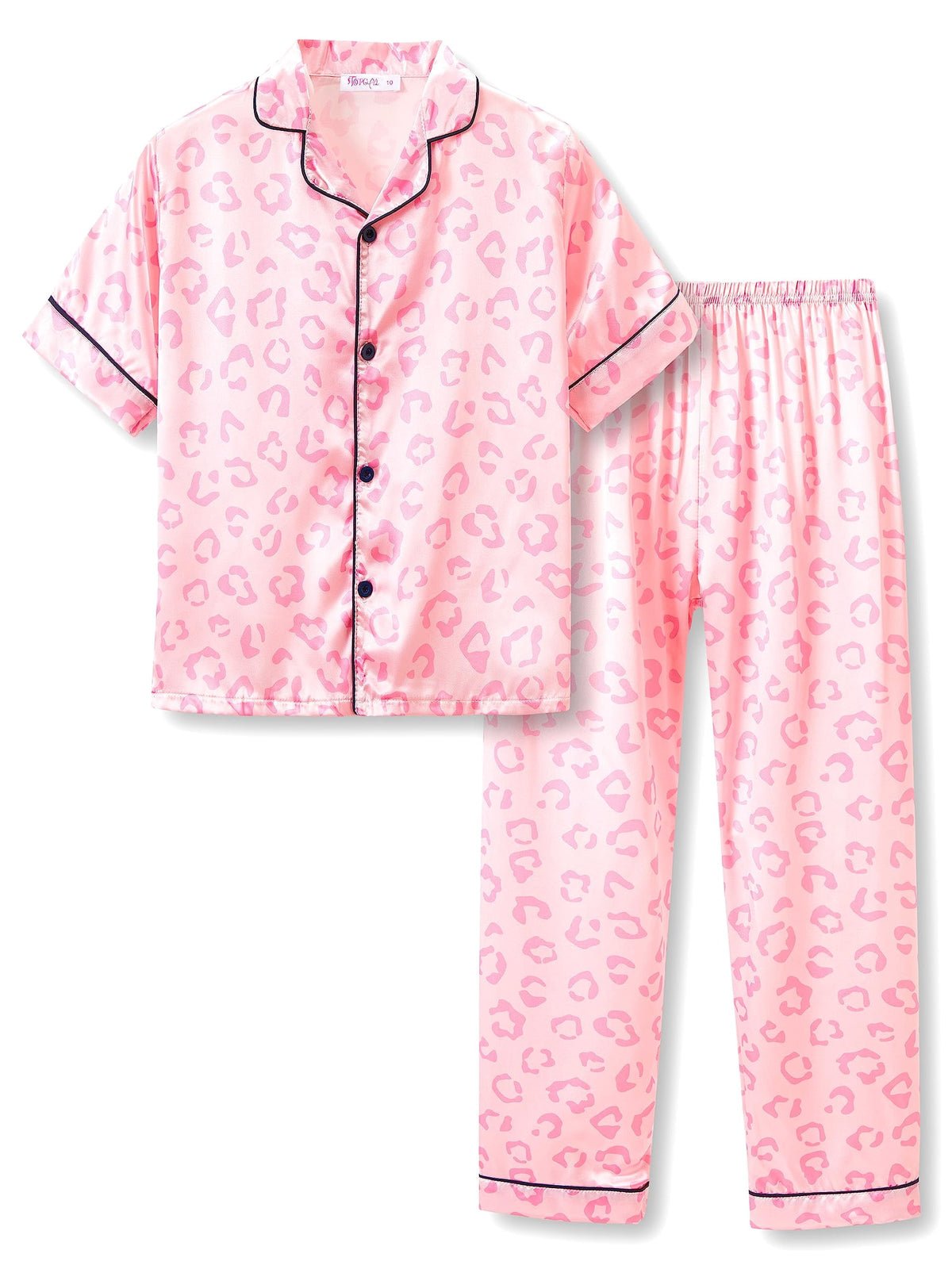 Topgal Satin Pajamas for Girls Beige & Pink Leopard 2 PC Short Sleeves Teen Girl Silky Nightwear Size 10 (Part 1 of 2)