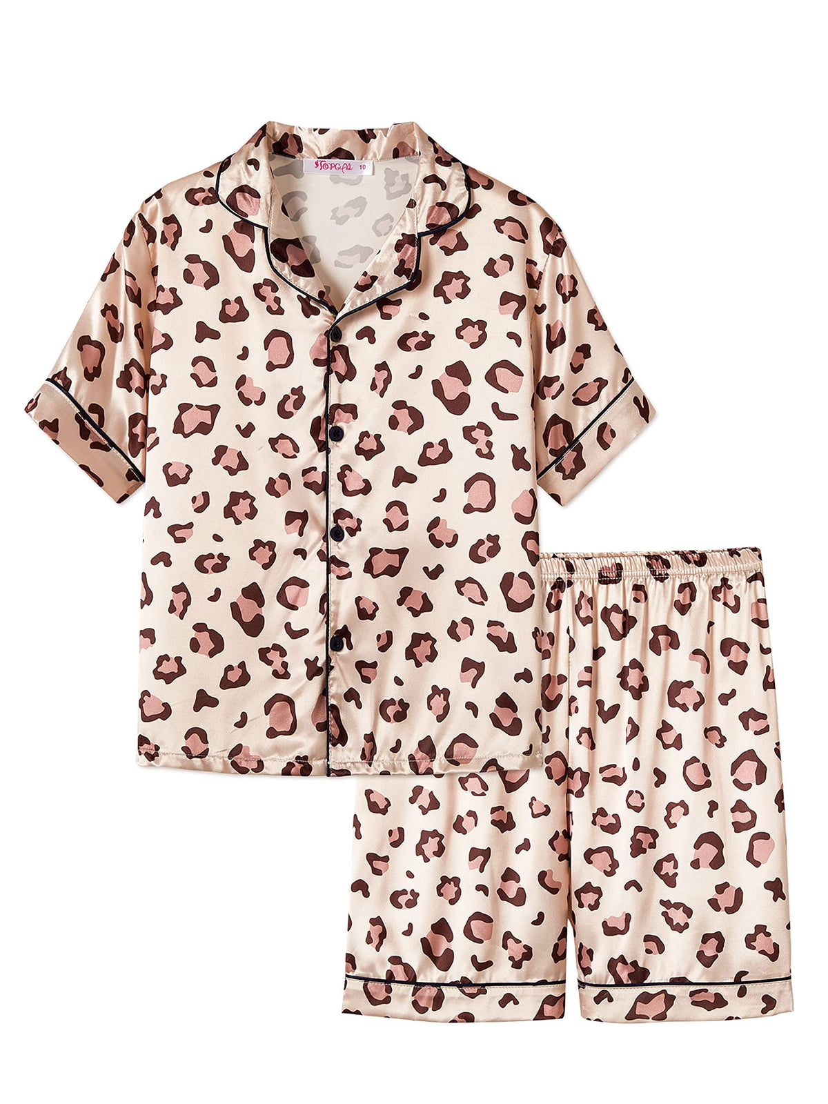 Topgal Satin Pajamas for Girls Beige & Pink Leopard 2 PC Short Sleeves Teen Girl Silky Nightwear Size 10 (Part 1 of 2)
