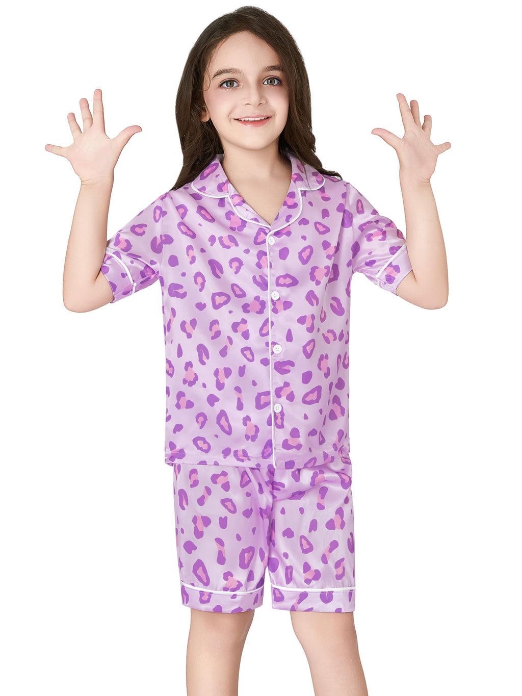 Topgal Satin Pajamas for Girls Beige & Pink Leopard 2 PC Short Sleeves Teen Girl Silky Nightwear Size 10 (Part 1 of 2)