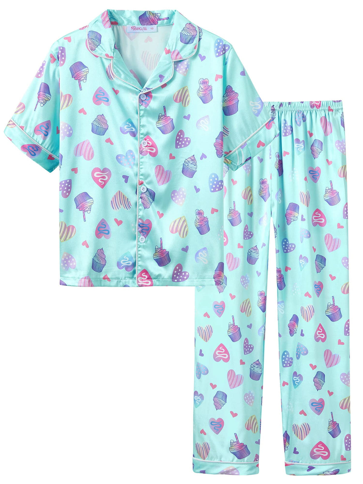 Topgal Satin Pajamas for Girls Beige & Pink Leopard 2 PC Short Sleeves Teen Girl Silky Nightwear Size 10 (Part 1 of 2)