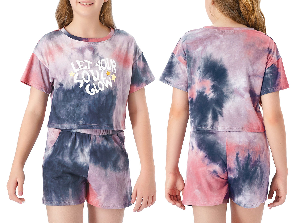 Topgal 100% Cotton Tie Dye Black & White Crop Top & Shorts Clothes Set Outfit for Big Girls Size 6