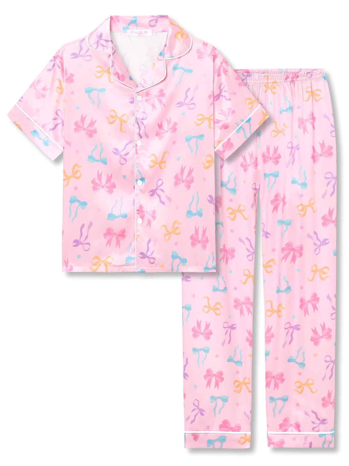Topgal Satin Pajamas for Girls Beige & Pink Leopard 2 PC Short Sleeves Teen Girl Silky Nightwear Size 10 (Part 2 of 2)