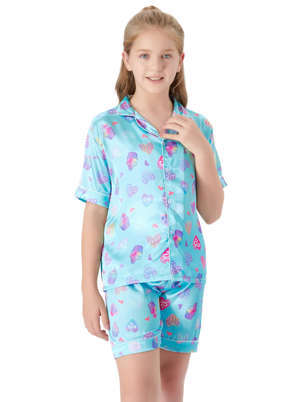 Topgal Satin Pajamas for Girls Beige & Pink Leopard 2 PC Short Sleeves Teen Girl Silky Nightwear Size 10 (Part 1 of 2)