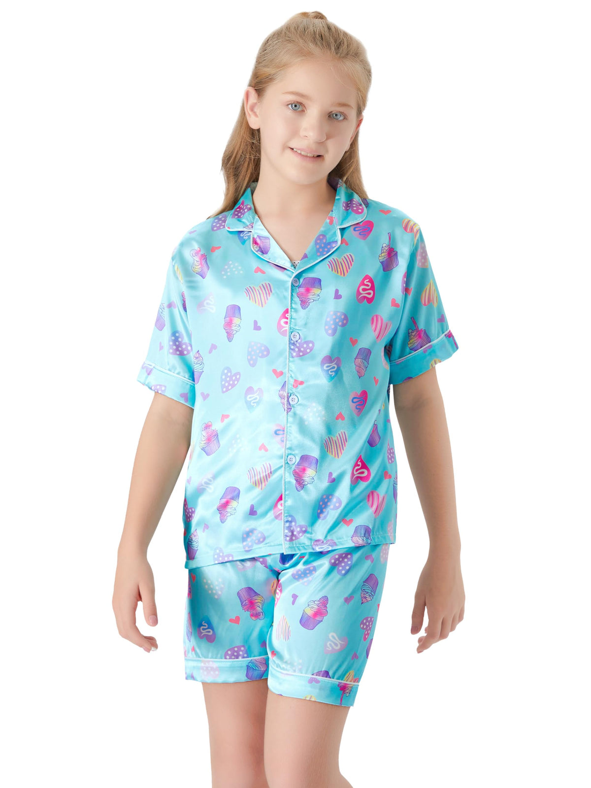 Topgal Satin Pajamas for Girls Beige & Pink Leopard 2 PC Short Sleeves Teen Girl Silky Nightwear Size 10 (Part 1 of 2)