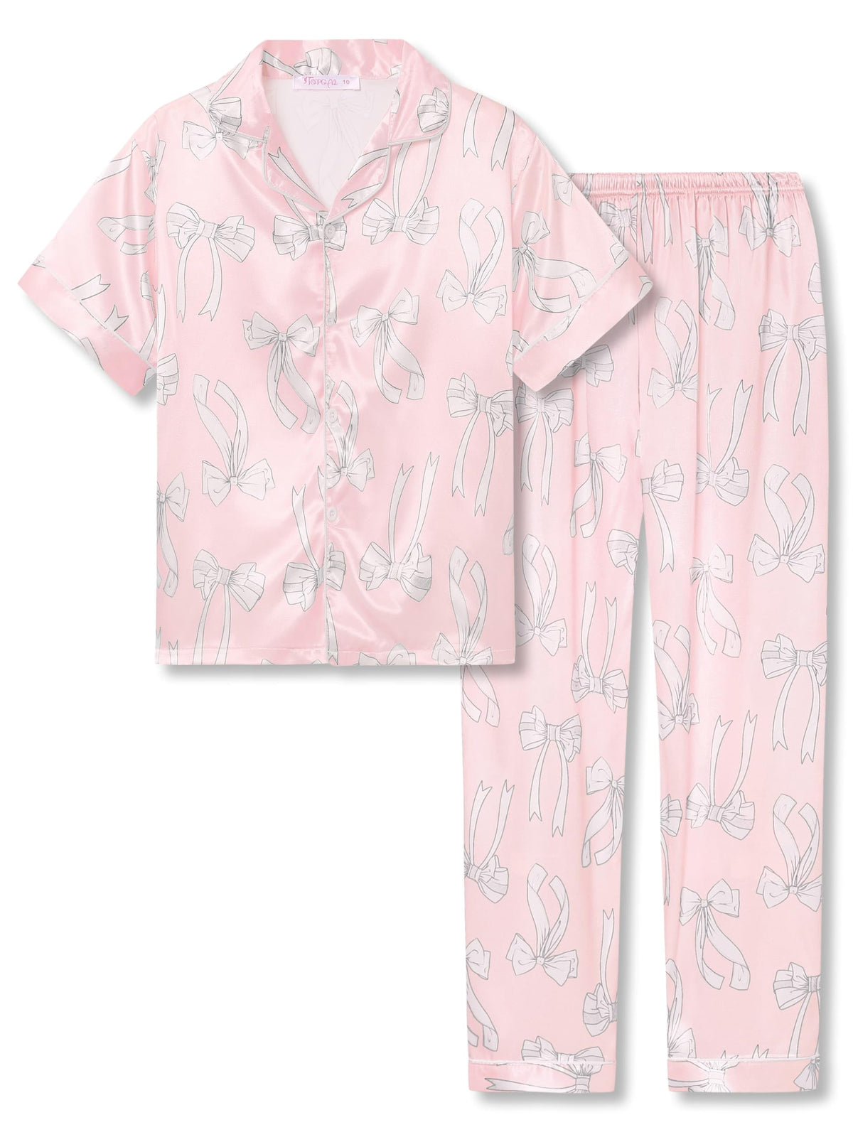 Topgal Satin Pajamas for Girls Beige & Pink Leopard 2 PC Short Sleeves Teen Girl Silky Nightwear Size 10 (Part 2 of 2)