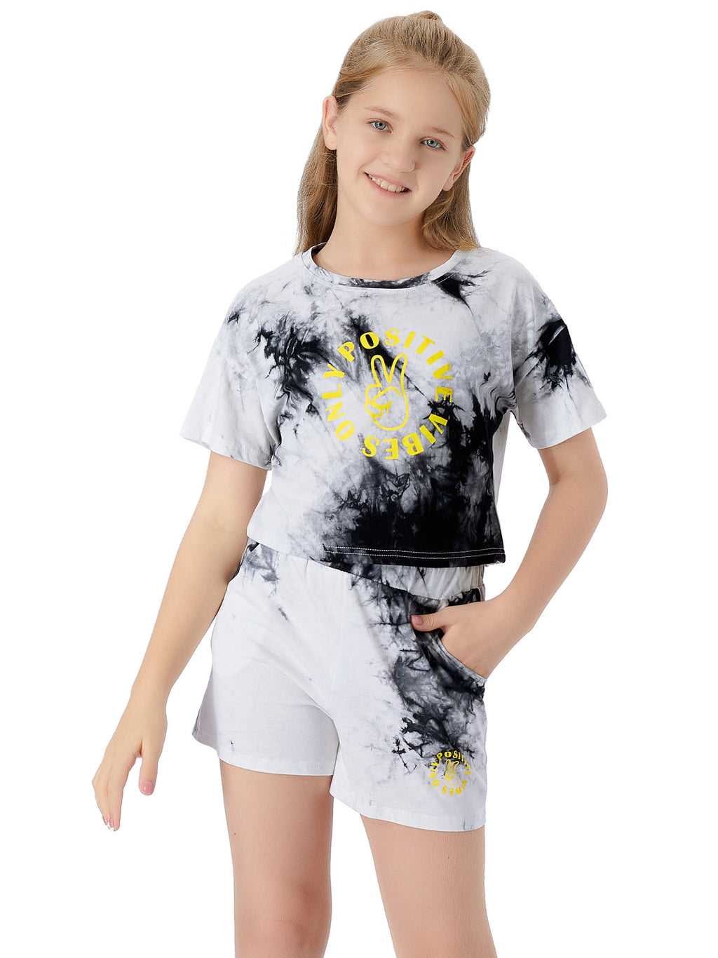 Topgal 100% Cotton Tie Dye Black & White Crop Top & Shorts Clothes Set Outfit for Big Girls Size 6