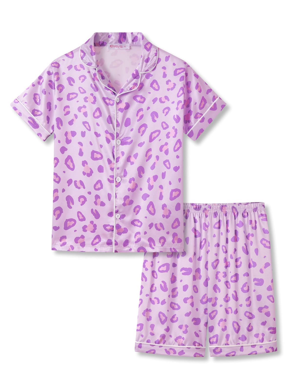 Topgal Satin Pajamas for Girls Beige & Pink Leopard 2 PC Short Sleeves Teen Girl Silky Nightwear Size 10 (Part 1 of 2)