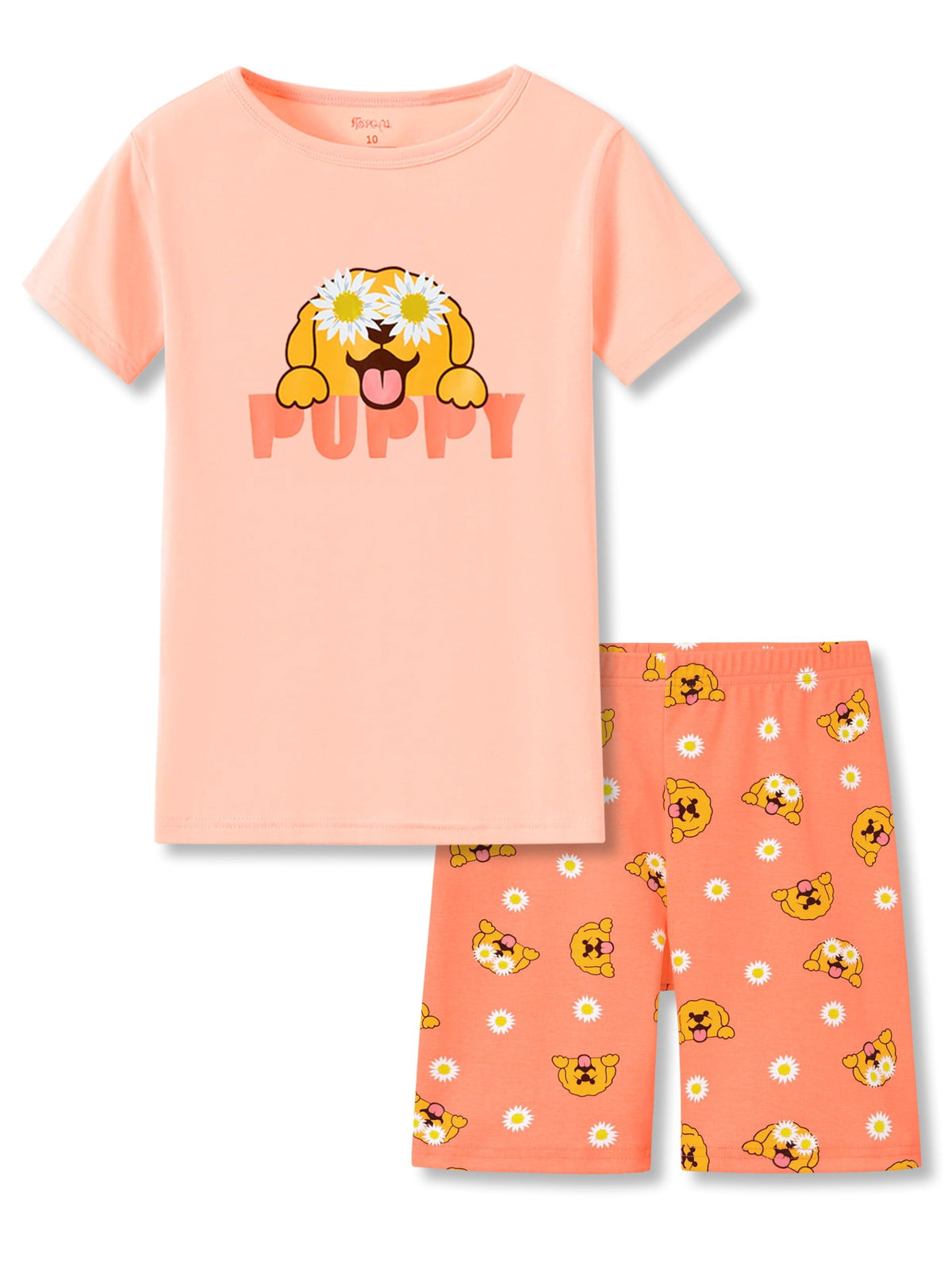 Topgal Girls Cotton Knit Pajamas Toddler Summer Top & Shorts Sung Fit Dog Pjs Orange Sleepwear Clothes Set Size 10