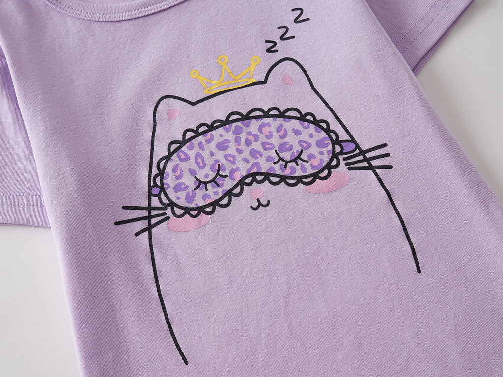 Topgal Purple Kittten Pajamas for Girls – Cotton Snug-Fitting Tee Shorts & Pants PJ Set Size 10
