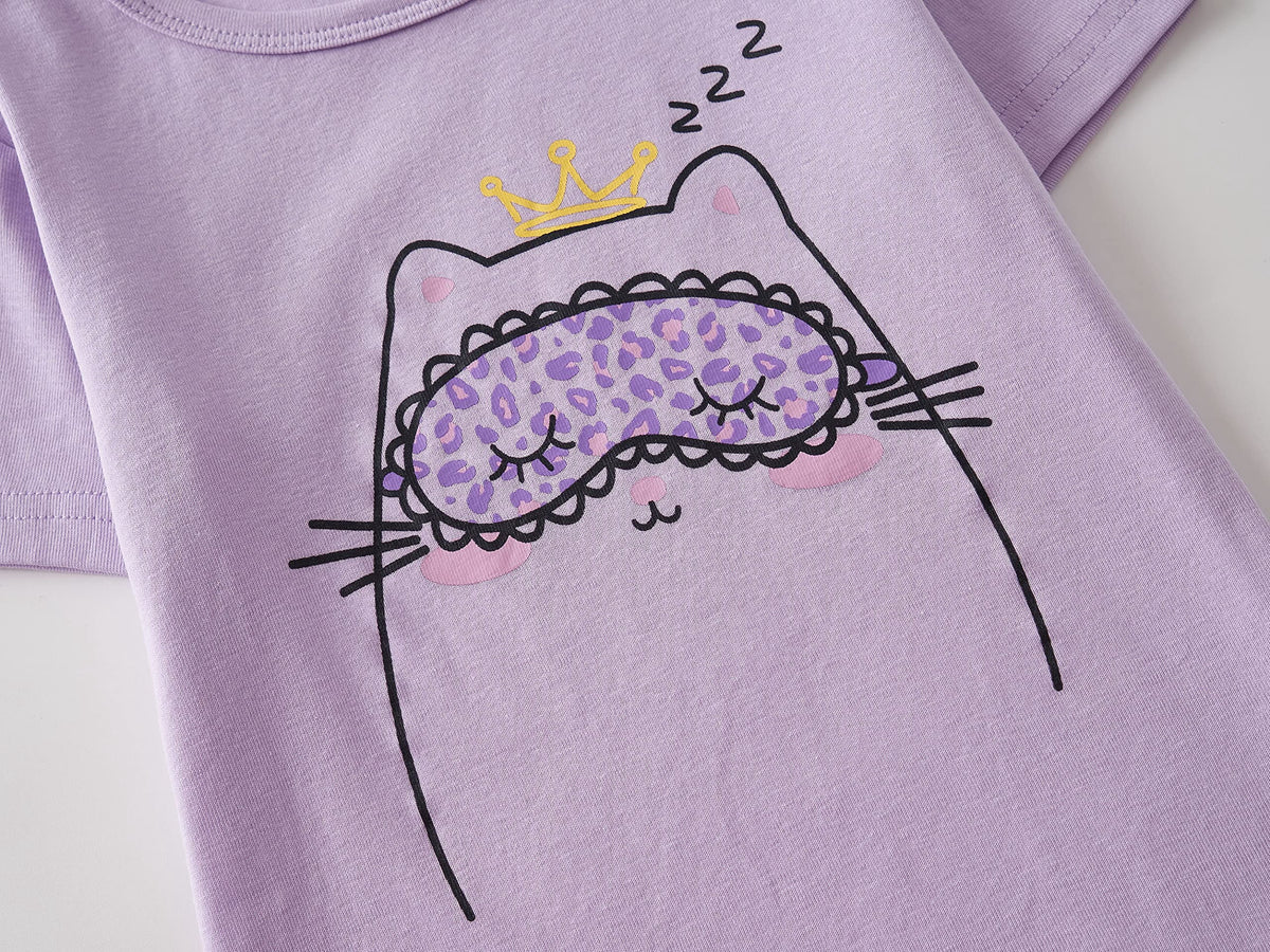 Topgal Purple Kittten Pajamas for Girls – Cotton Snug-Fitting Tee Shorts & Pants PJ Set Size 10