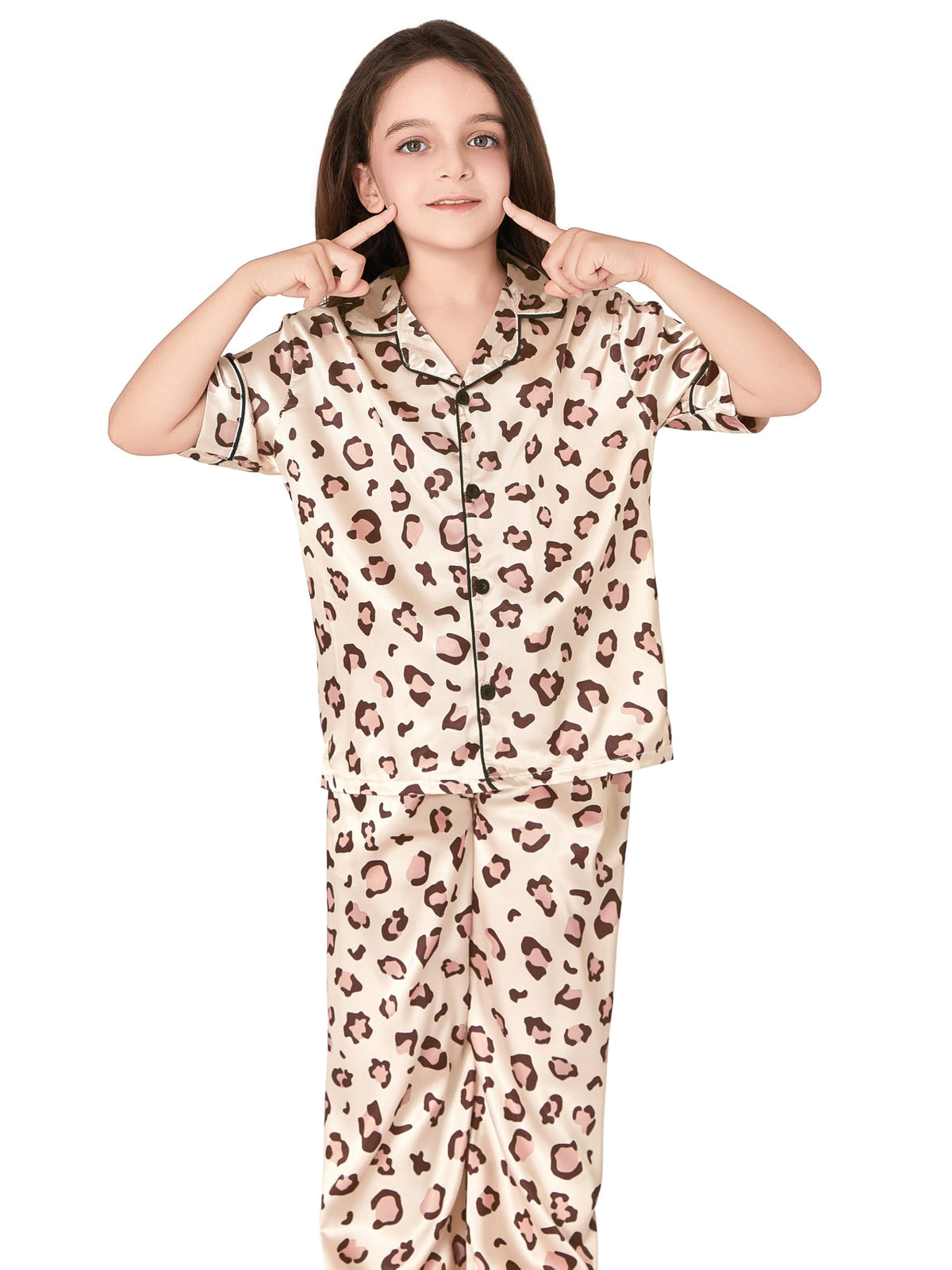 Topgal Satin Pajamas for Girls Beige & Pink Leopard 2 PC Short Sleeves Teen Girl Silky Nightwear Size 10 (Part 1 of 2)