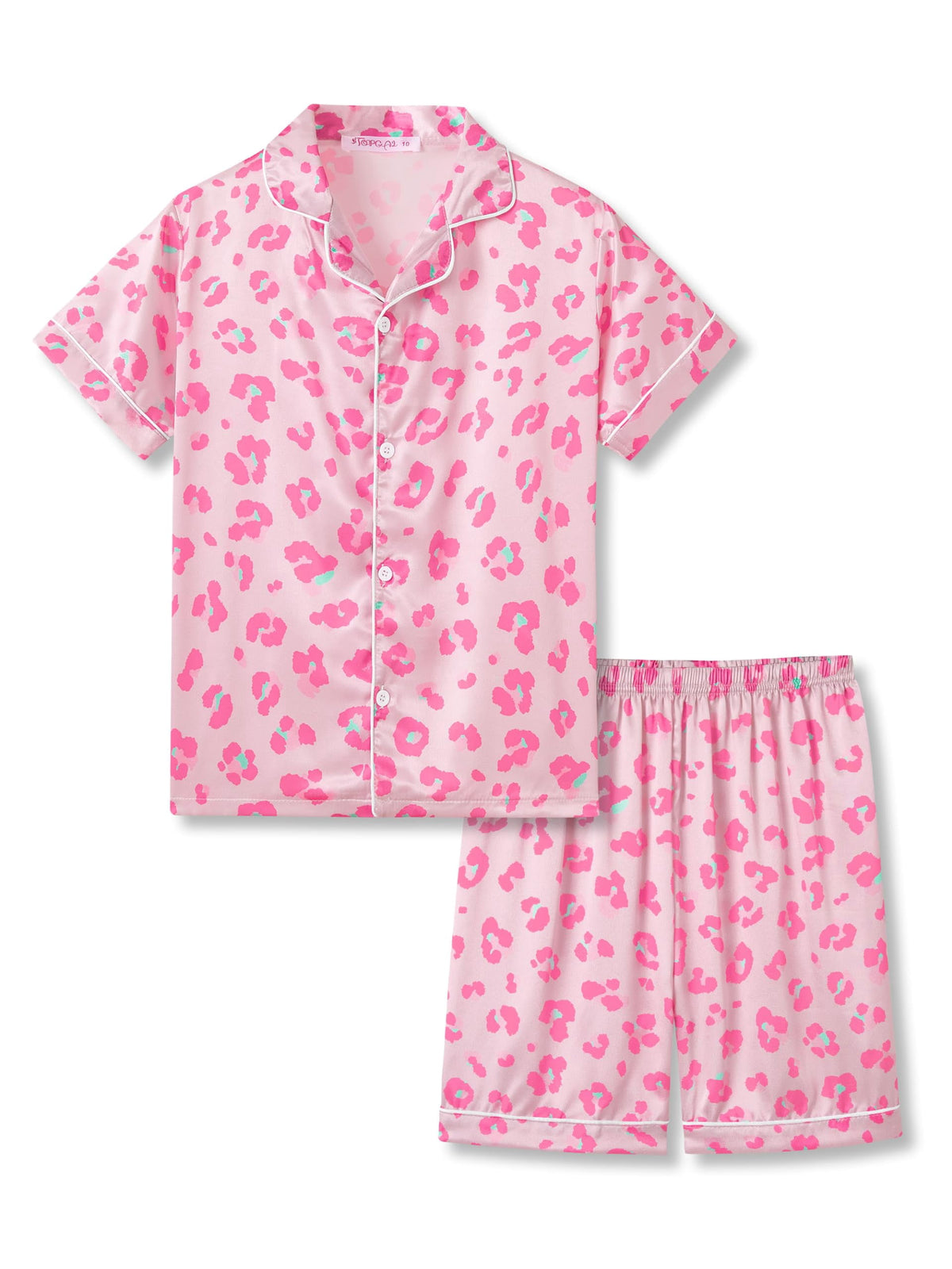 Topgal Satin Pajamas for Girls Beige & Pink Leopard 2 PC Short Sleeves Teen Girl Silky Nightwear Size 10 (Part 1 of 2)