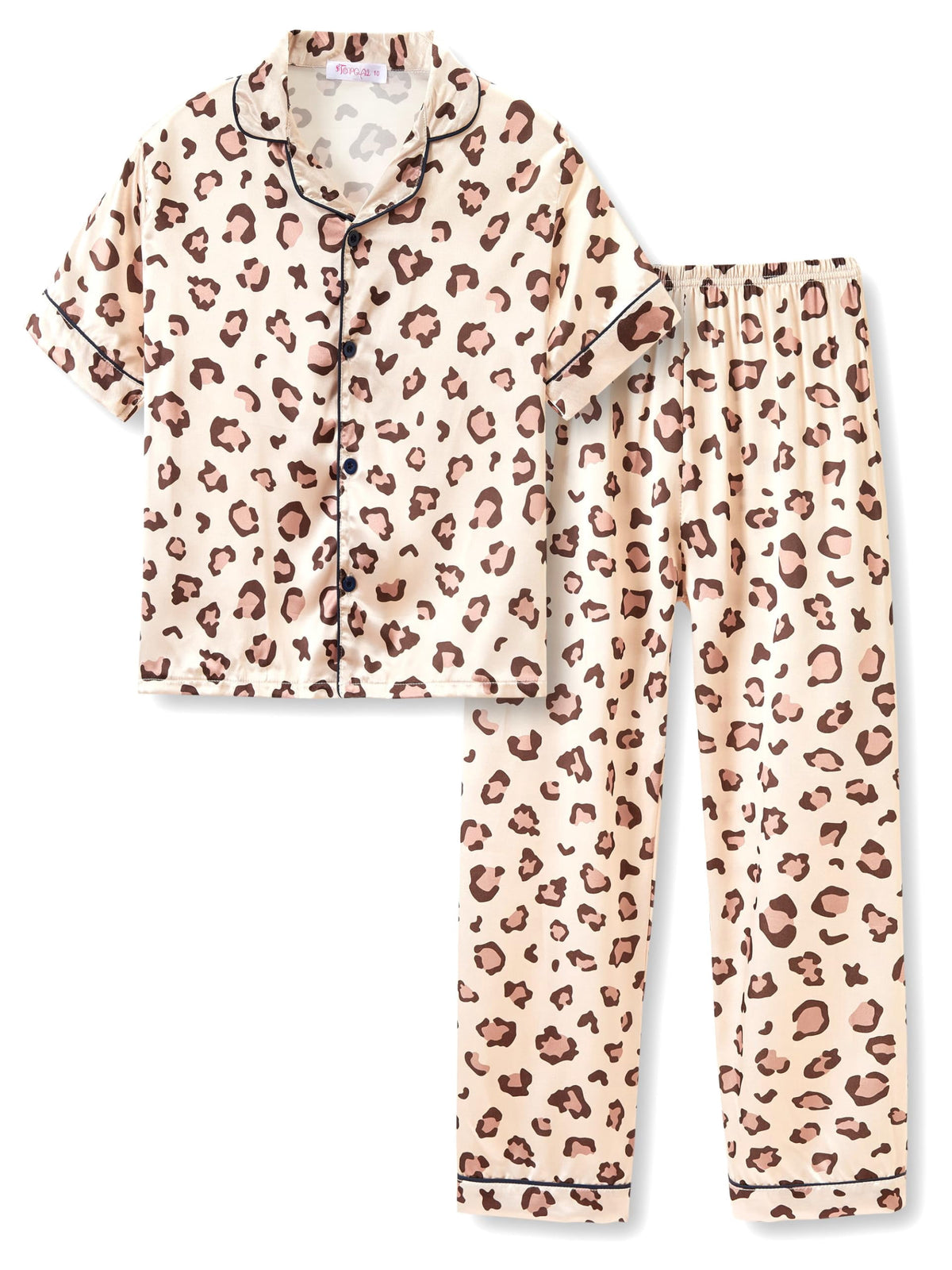 Topgal Satin Pajamas for Girls Beige & Pink Leopard 2 PC Short Sleeves Teen Girl Silky Nightwear Size 10 (Part 1 of 2)