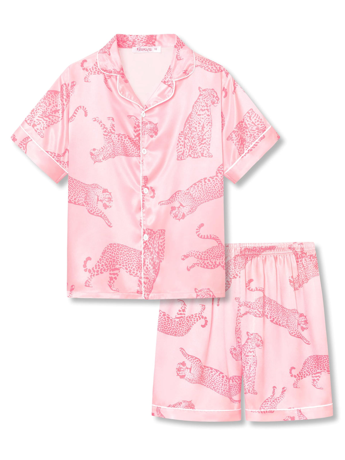 Topgal Satin Pajamas for Girls Beige & Pink Leopard 2 PC Short Sleeves Teen Girl Silky Nightwear Size 10 (Part 2 of 2)
