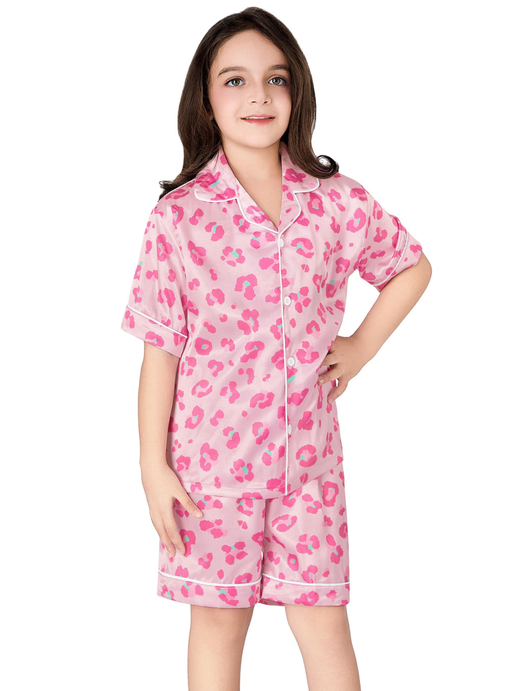 Topgal Satin Pajamas for Girls Beige & Pink Leopard 2 PC Short Sleeves Teen Girl Silky Nightwear Size 10 (Part 1 of 2)