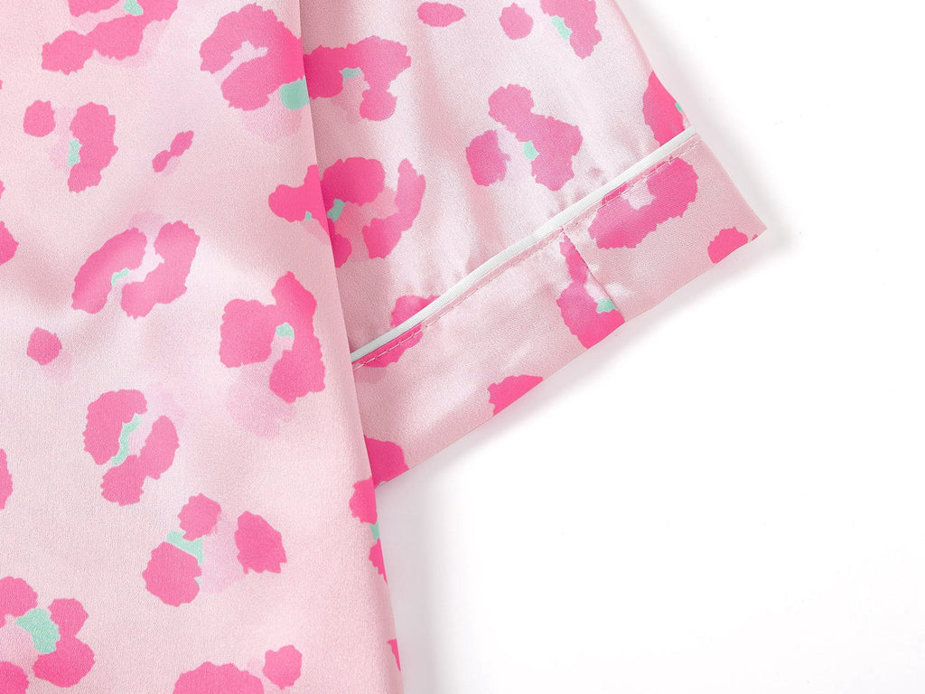 Topgal Satin Pajamas for Girls Beige & Pink Leopard 2 PC Short Sleeves Teen Girl Silky Nightwear Size 10 (Part 1 of 2)