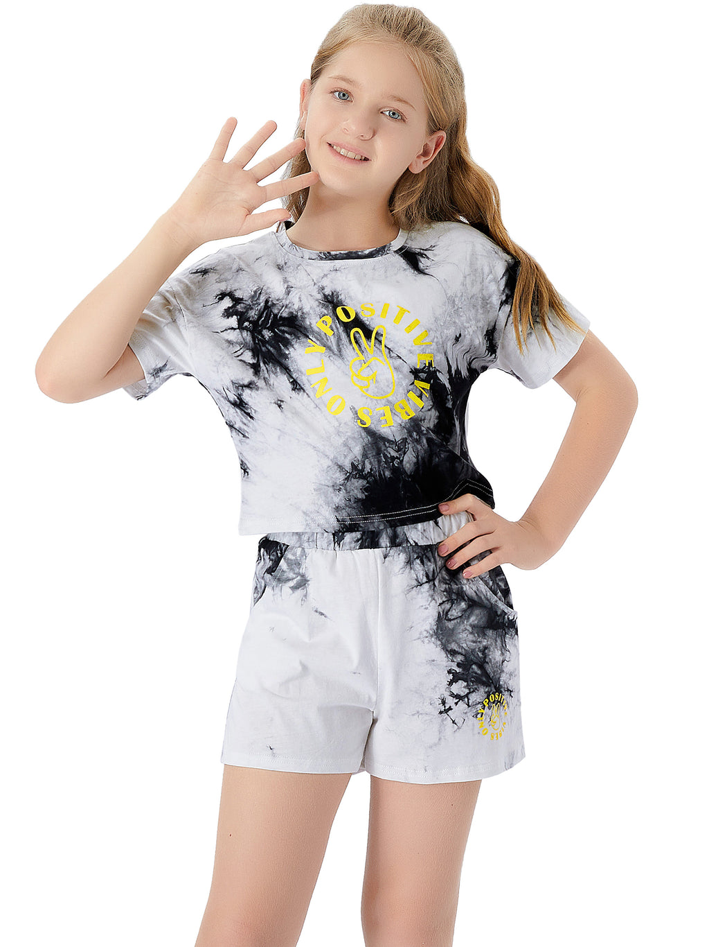 Topgal 100% Cotton Tie Dye Black & White Crop Top & Shorts Clothes Set Outfit for Big Girls Size 6