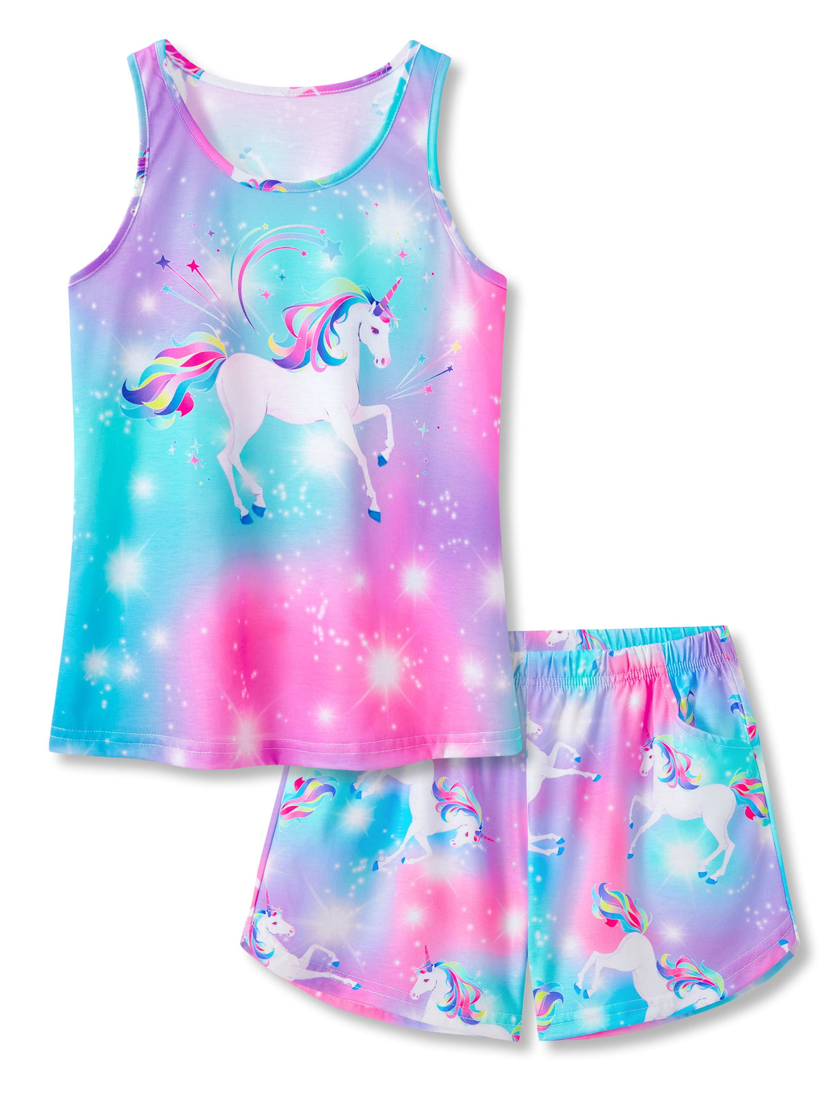 Topgal Tween Girls Pajamas Tie Dye Rainbow Unicorn Cotton Tank Top & Shorts PJS Size 18