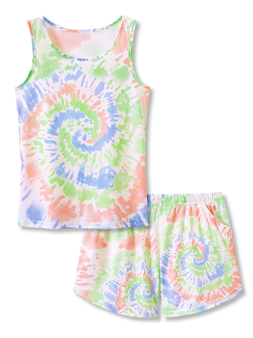 Topgal Tween Girls Pajamas Tie Dye Rainbow Unicorn Cotton Tank Top & Shorts PJS Size 18