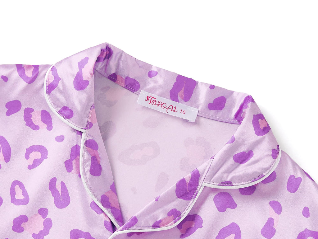 Topgal Satin Pajamas for Girls Beige & Pink Leopard 2 PC Short Sleeves Teen Girl Silky Nightwear Size 10 (Part 1 of 2)