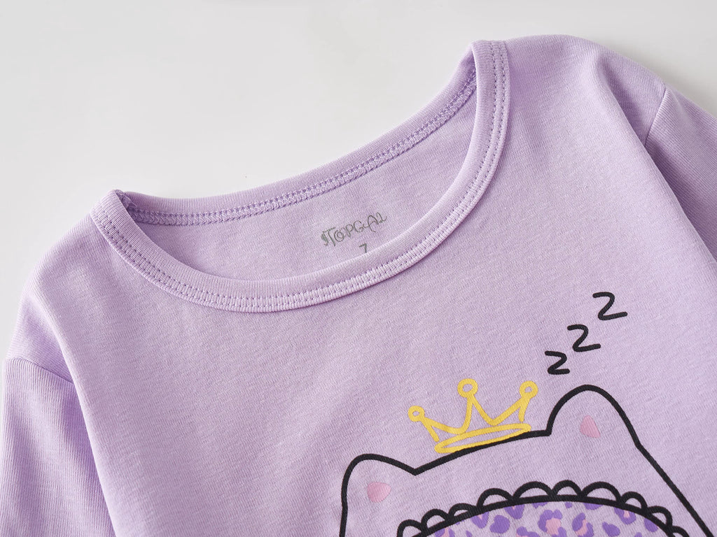 Topgal Purple Kittten Pajamas for Girls – Cotton Snug-Fitting Tee Shorts & Pants PJ Set Size 10