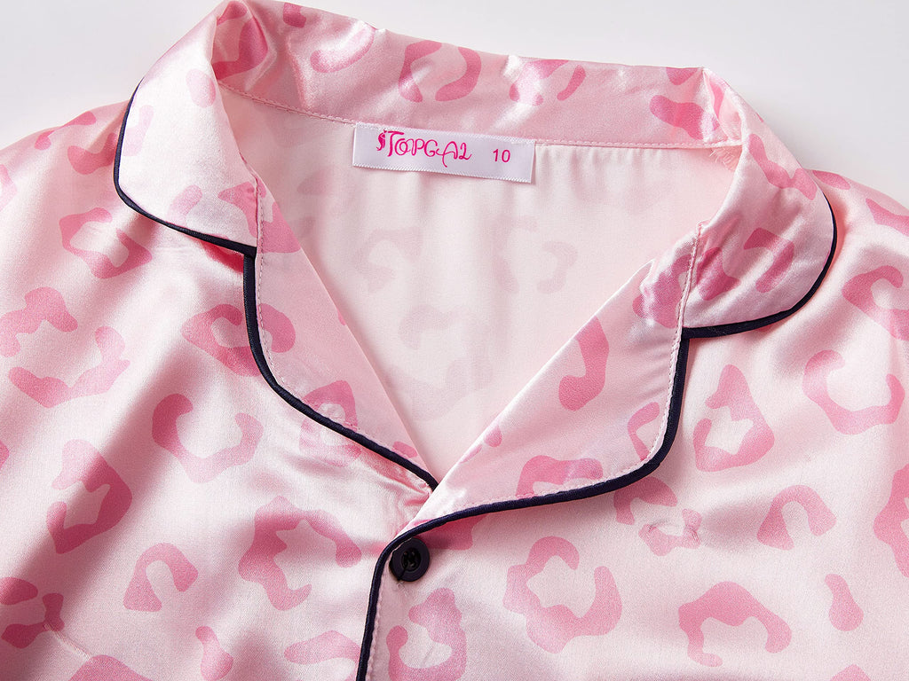 Topgal Satin Pajamas for Girls Beige & Pink Leopard 2 PC Short Sleeves Teen Girl Silky Nightwear Size 10 (Part 1 of 2)