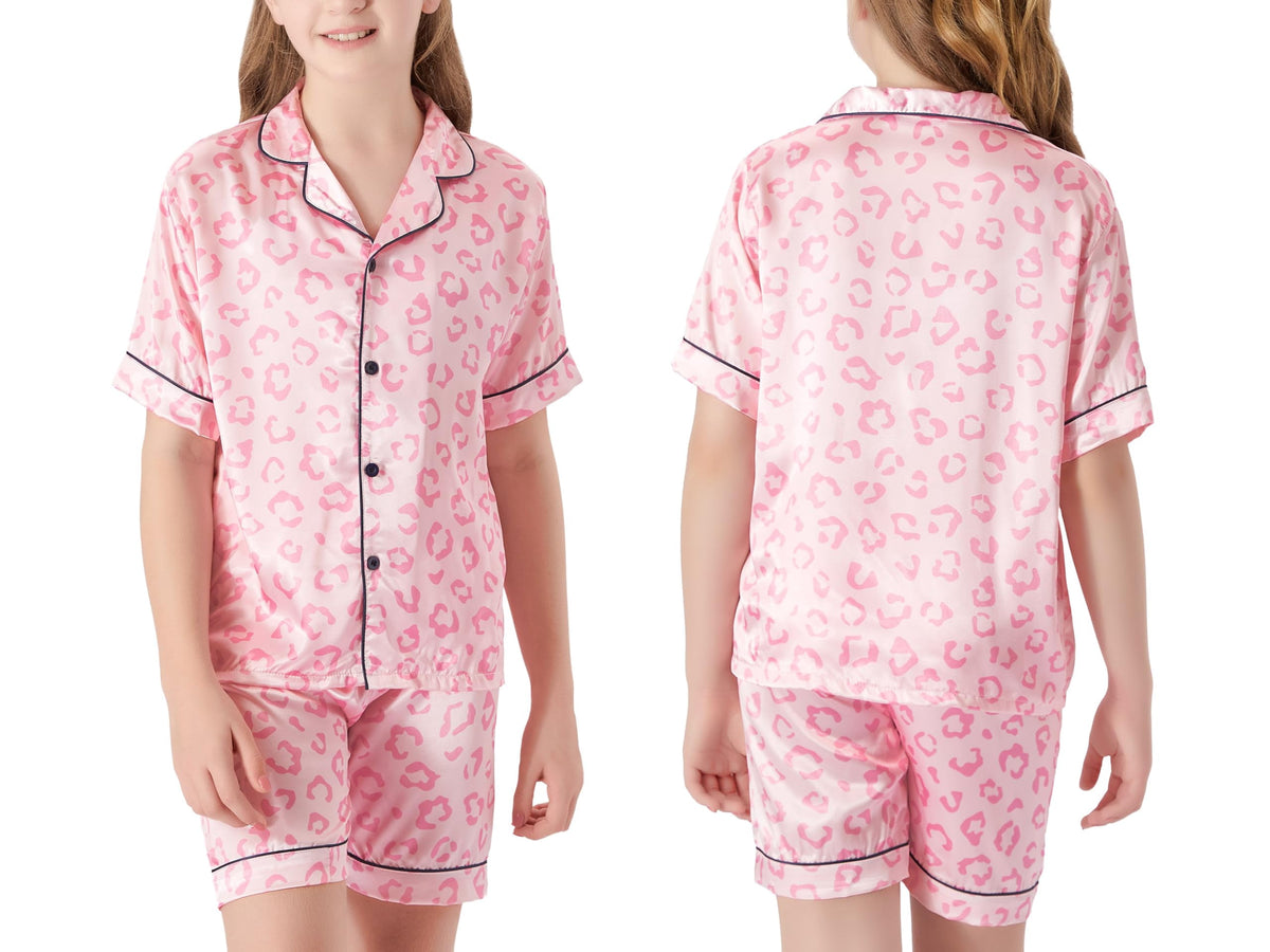 Topgal Satin Pajamas for Girls Beige & Pink Leopard 2 PC Short Sleeves Teen Girl Silky Nightwear Size 10 (Part 1 of 2)