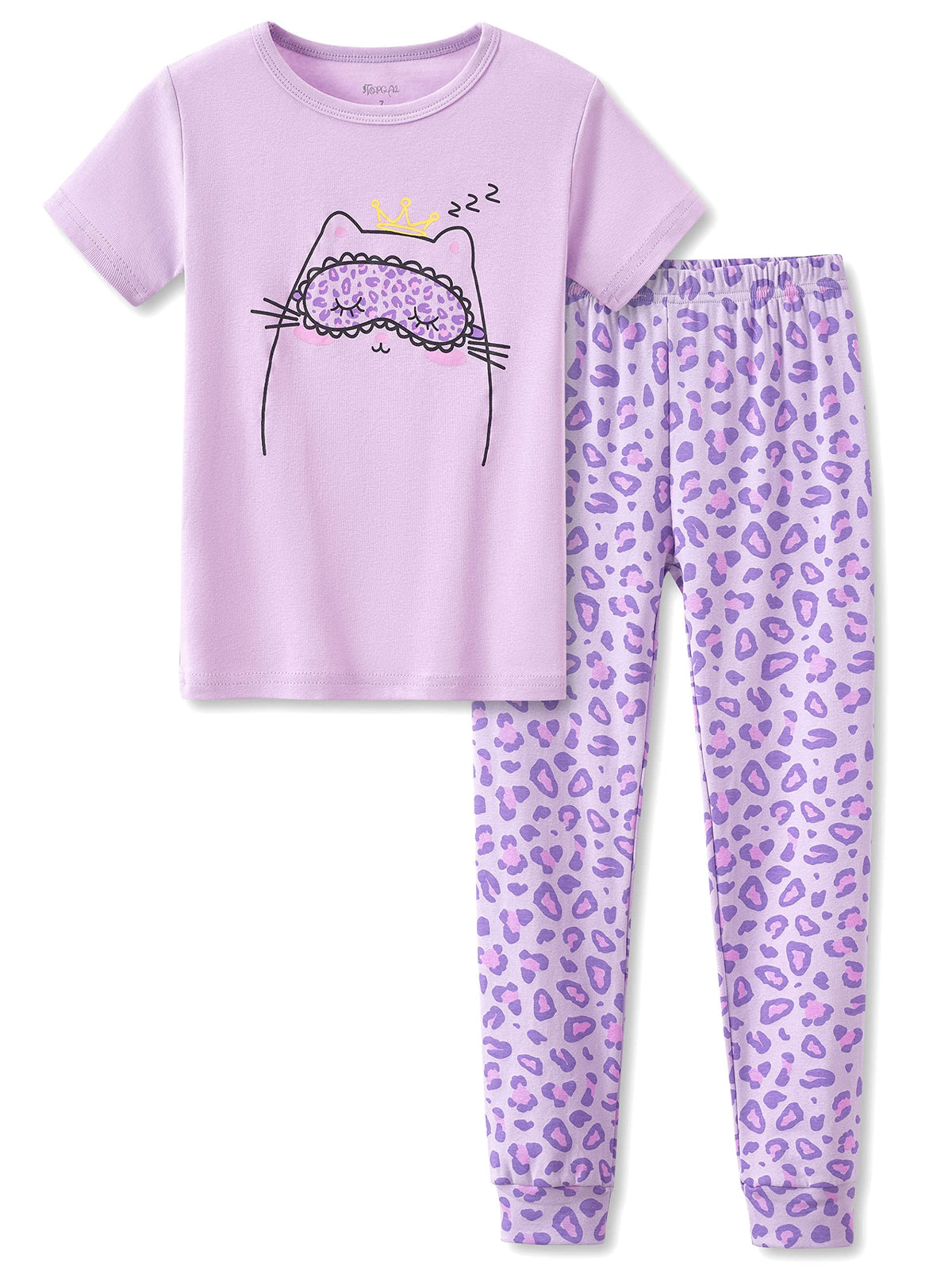 Topgal Purple Kittten Pajamas for Girls – Cotton Snug-Fitting Tee Shorts & Pants PJ Set Size 10