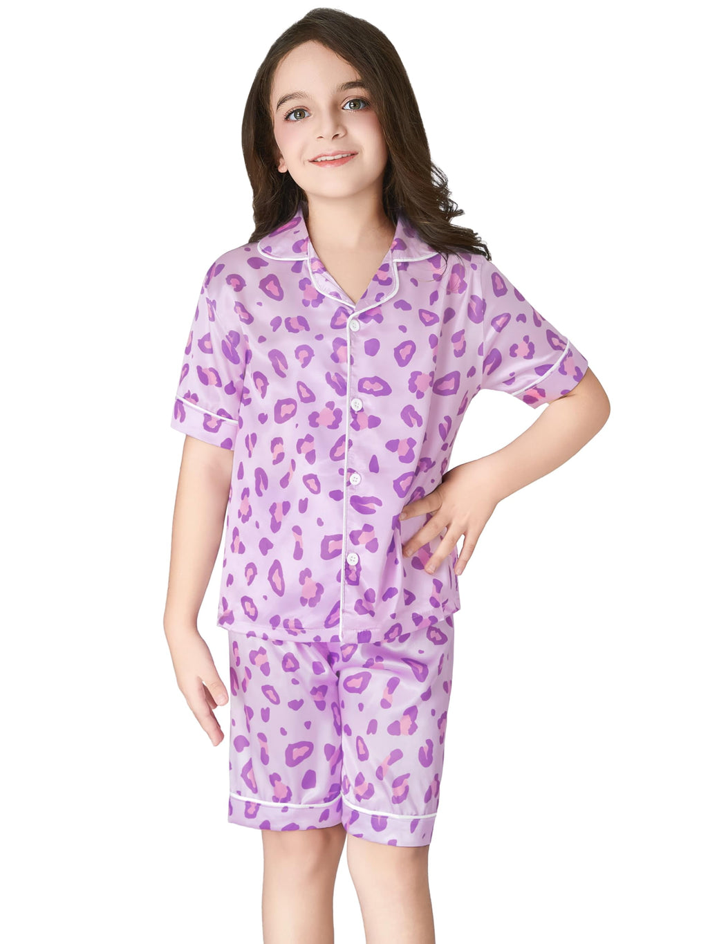 Topgal Satin Pajamas for Girls Beige & Pink Leopard 2 PC Short Sleeves Teen Girl Silky Nightwear Size 10 (Part 1 of 2)