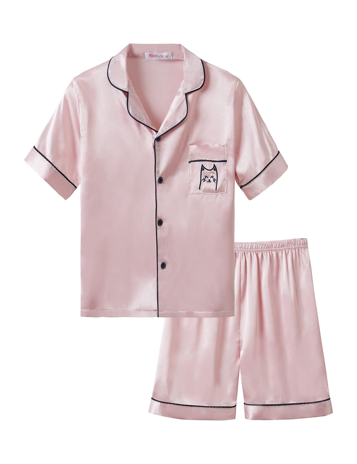 Topgal Satin Pajamas for Girls Beige & Pink Leopard 2 PC Short Sleeves Teen Girl Silky Nightwear Size 10 (Part 1 of 2)