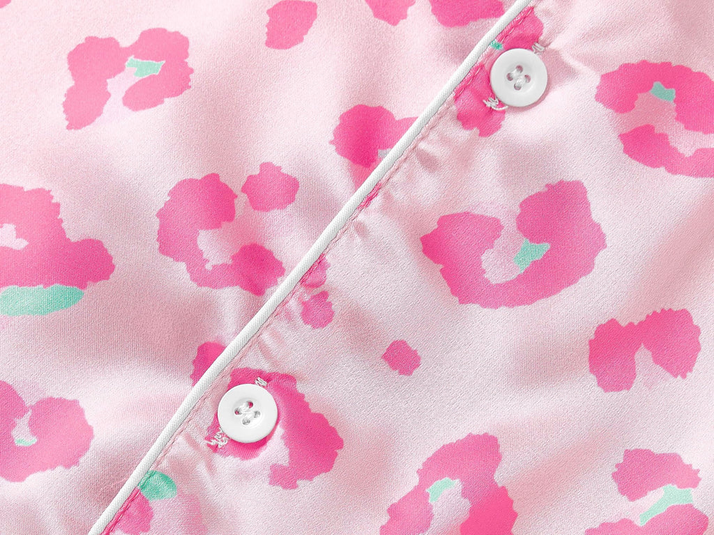 Topgal Satin Pajamas for Girls Beige & Pink Leopard 2 PC Short Sleeves Teen Girl Silky Nightwear Size 10 (Part 1 of 2)