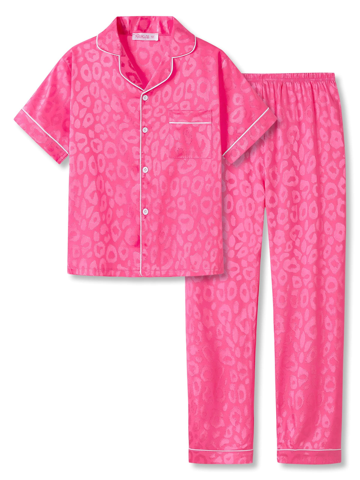 Topgal Satin Pajamas for Girls Beige & Pink Leopard 2 PC Short Sleeves Teen Girl Silky Nightwear Size 10 (Part 2 of 2)