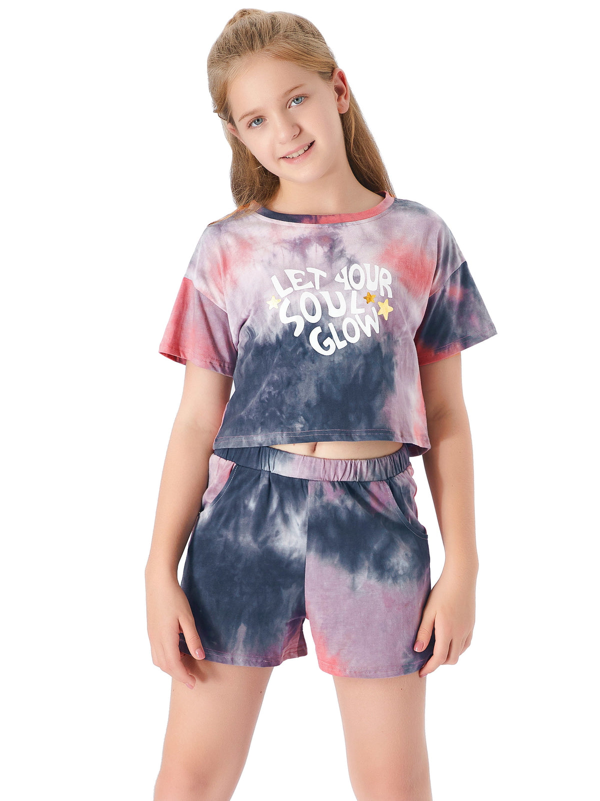 Topgal 100% Cotton Tie Dye Black & White Crop Top & Shorts Clothes Set Outfit for Big Girls Size 6