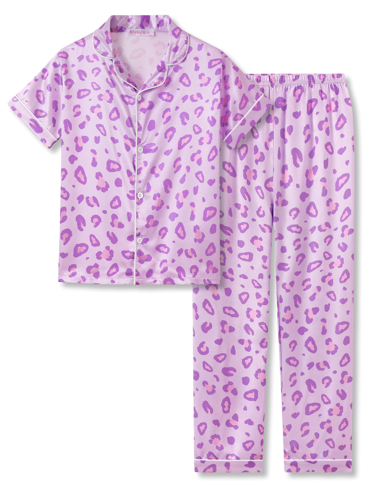 Topgal Satin Pajamas for Girls Beige & Pink Leopard 2 PC Short Sleeves Teen Girl Silky Nightwear Size 10 (Part 1 of 2)