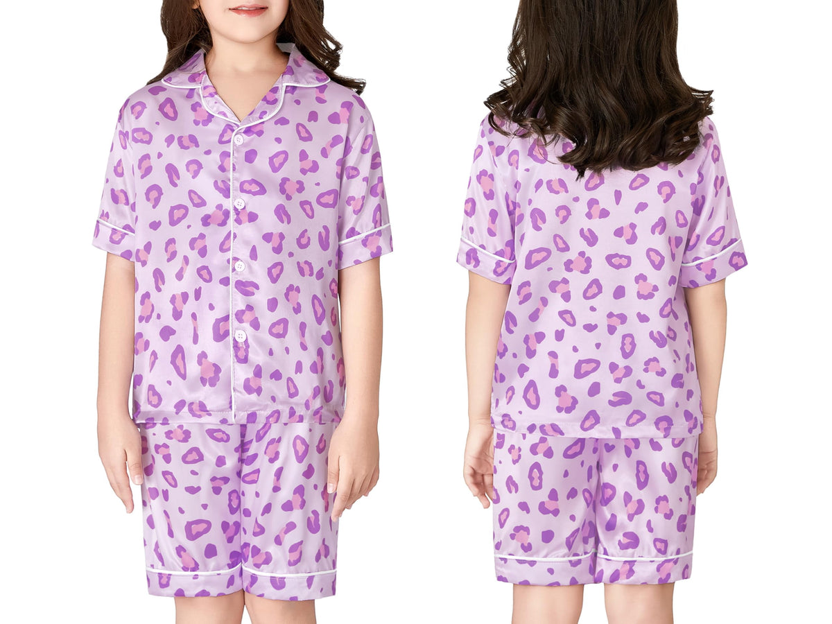Topgal Satin Pajamas for Girls Beige & Pink Leopard 2 PC Short Sleeves Teen Girl Silky Nightwear Size 10 (Part 1 of 2)
